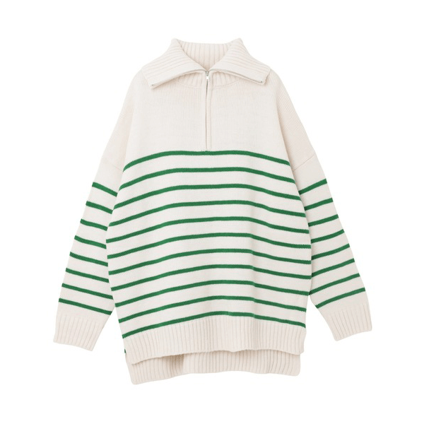 拉鍊條紋天竺針織毛衣_綠色條紋