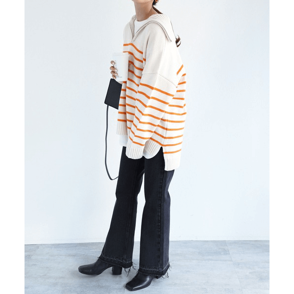 拉鍊條紋天竺針織毛衣_橘色條文
