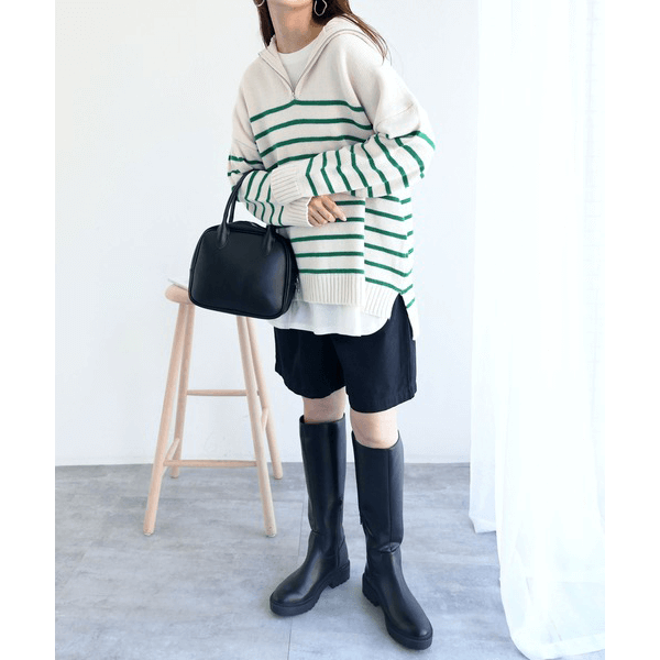 拉鍊條紋天竺針織毛衣_綠色條紋