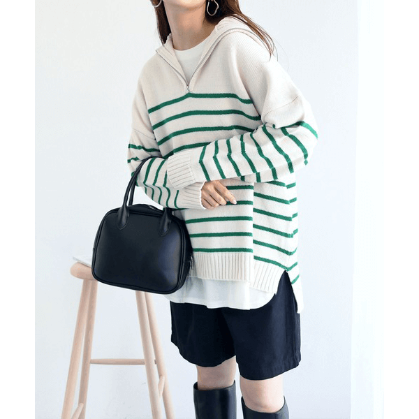 拉鍊條紋天竺針織毛衣_綠色條紋