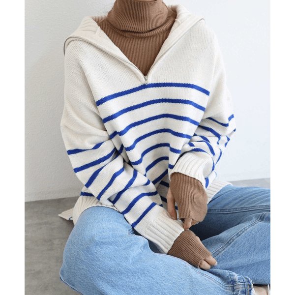 拉鍊條紋天竺針織毛衣_藍色條紋