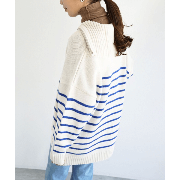 拉鍊條紋天竺針織毛衣_藍色條紋