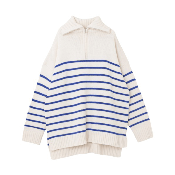拉鍊條紋天竺針織毛衣_藍色條紋