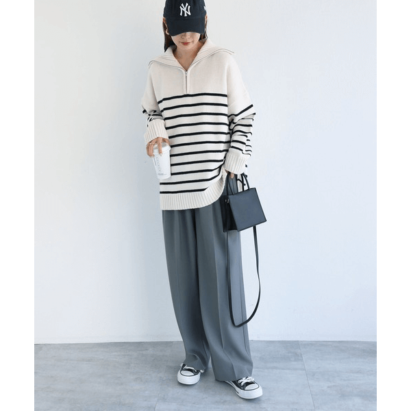 拉鍊條紋天竺針織毛衣_黑色條紋