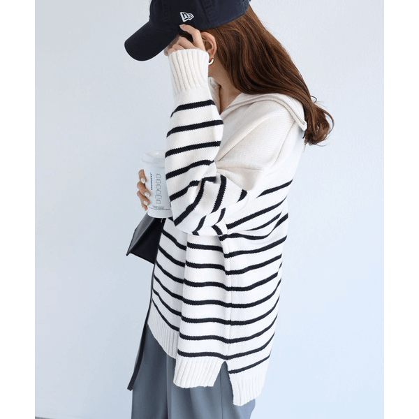 拉鍊條紋天竺針織毛衣_黑色條紋
