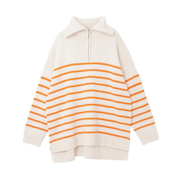 拉鍊條紋天竺針織毛衣_橘色條文