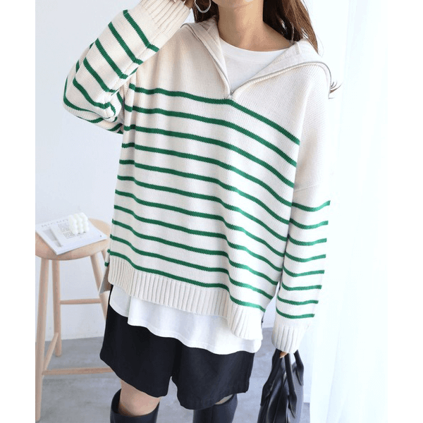 拉鍊條紋天竺針織毛衣_綠色條紋