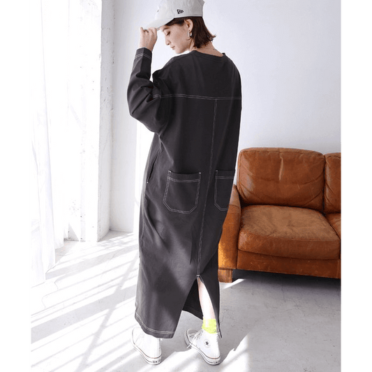 跳色縫線設oversize長袖洋裝_岩灰