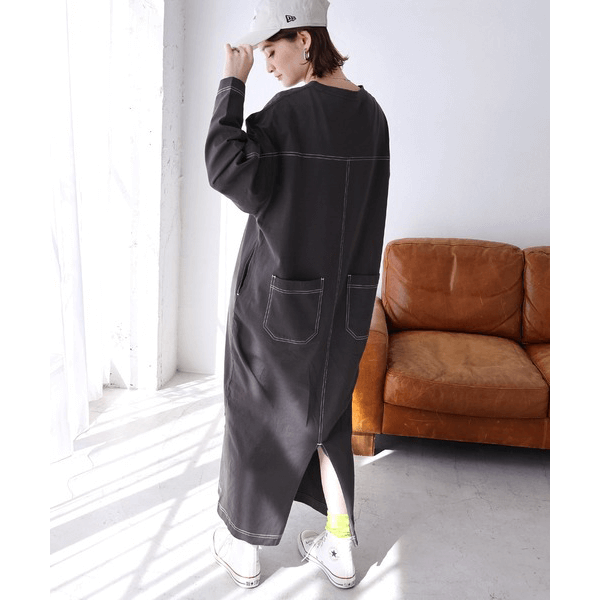 跳色縫線設oversize長袖洋裝_岩灰