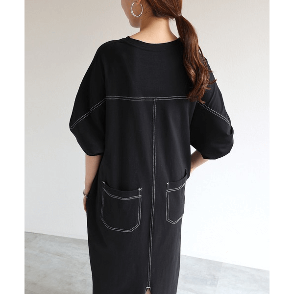 跳色縫線設oversize長袖洋裝_黑色