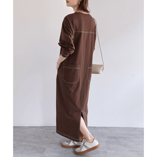 跳色縫線設oversize長袖洋裝_棕色