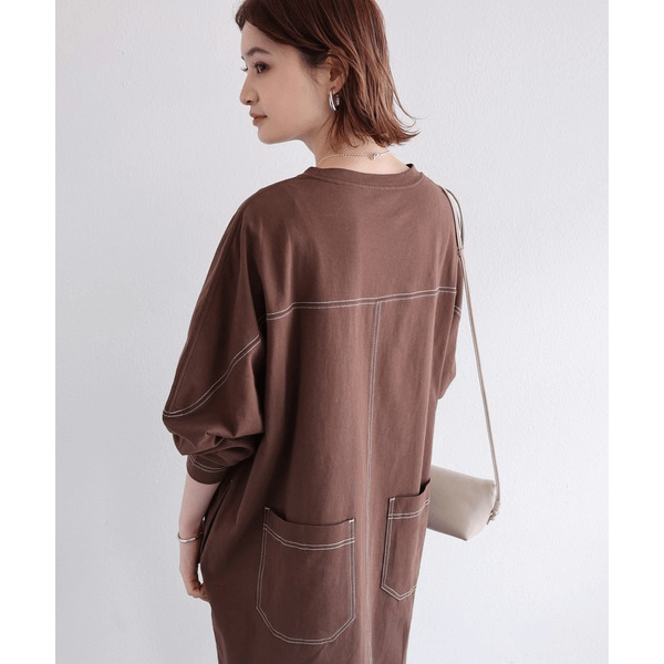跳色縫線設oversize長袖洋裝_棕色