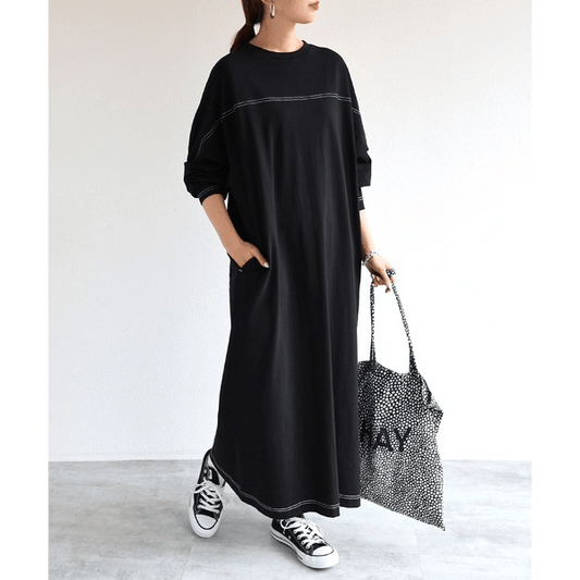 跳色縫線設oversize長袖洋裝_黑色