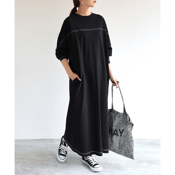 跳色縫線設oversize長袖洋裝_黑色