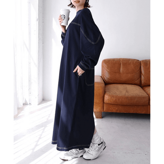 跳色縫線設oversize長袖洋裝_海軍藍