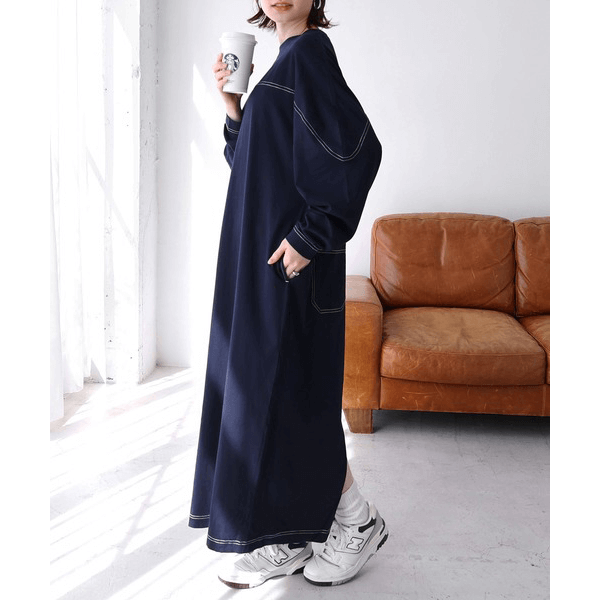 跳色縫線設oversize長袖洋裝_海軍藍