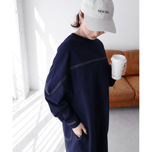 跳色縫線設oversize長袖洋裝_海軍藍