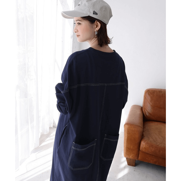 跳色縫線設oversize長袖洋裝_海軍藍