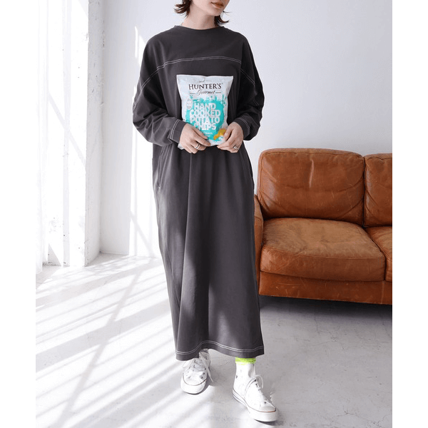 跳色縫線設oversize長袖洋裝_岩灰