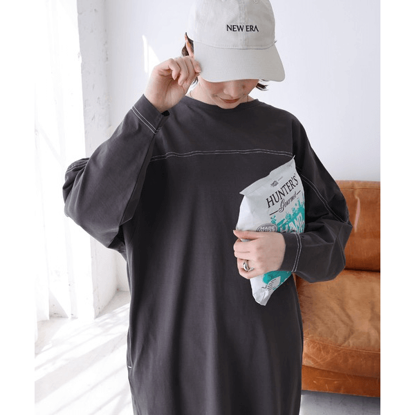 跳色縫線設oversize長袖洋裝_岩灰