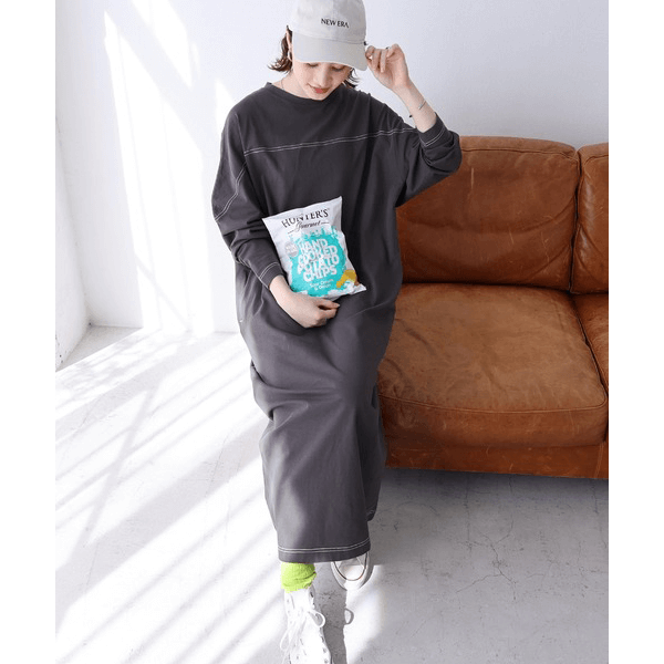 跳色縫線設oversize長袖洋裝_岩灰