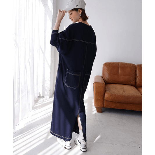 跳色縫線設oversize長袖洋裝_海軍藍