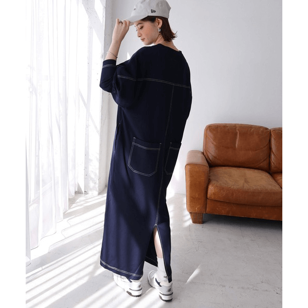 跳色縫線設oversize長袖洋裝_海軍藍