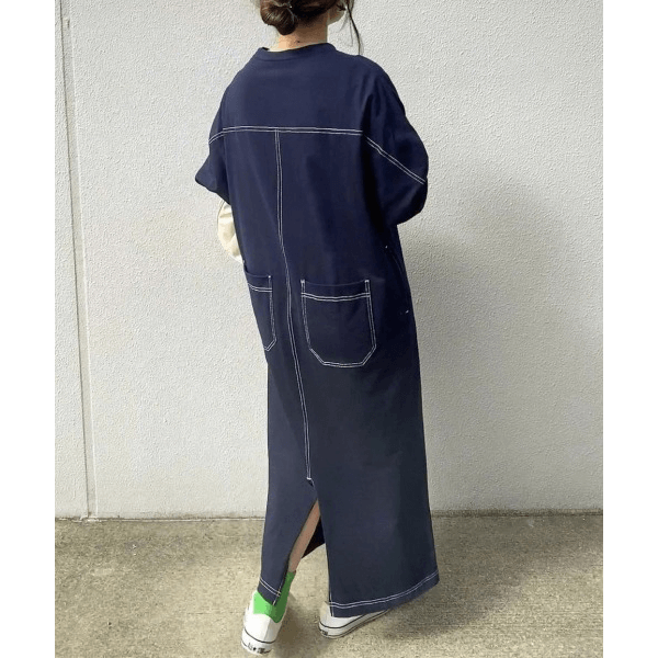 跳色縫線設oversize長袖洋裝_海軍藍
