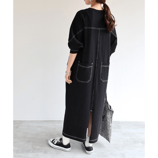 跳色縫線設oversize長袖洋裝_黑色