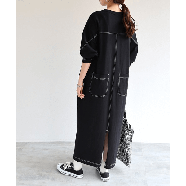 跳色縫線設oversize長袖洋裝_黑色