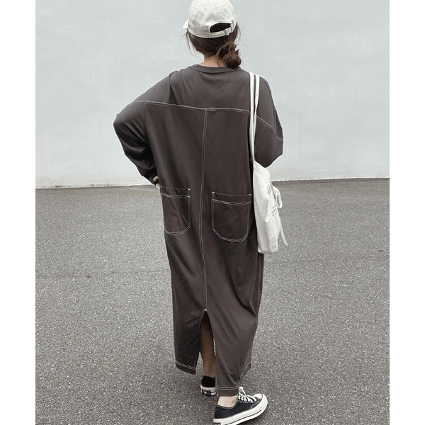 跳色縫線設oversize長袖洋裝_岩灰