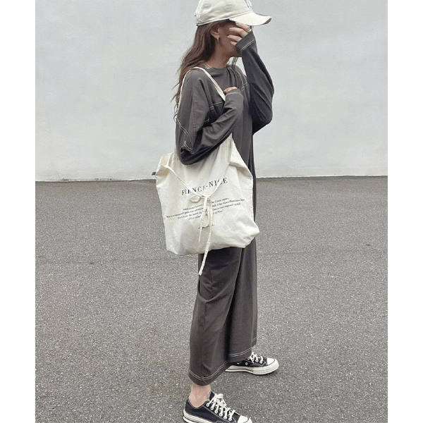 跳色縫線設oversize長袖洋裝_岩灰