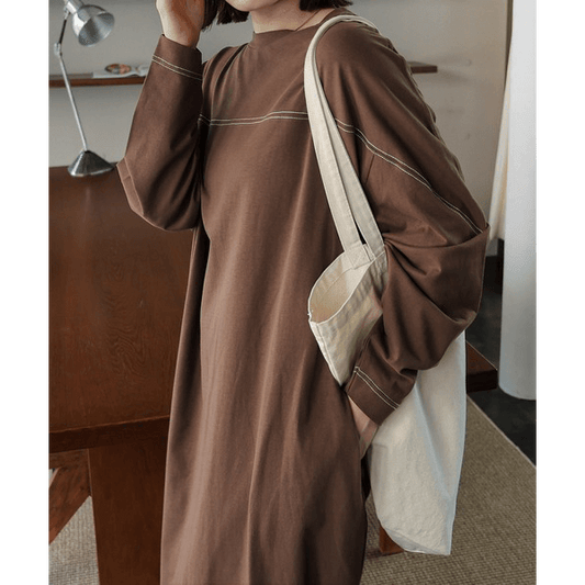 跳色縫線設oversize長袖洋裝_棕色
