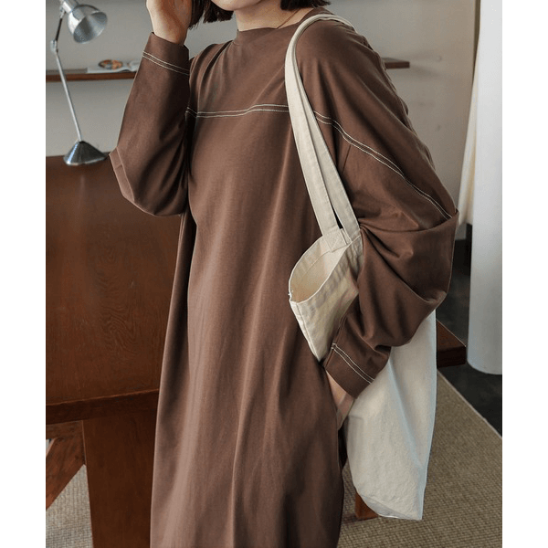 跳色縫線設oversize長袖洋裝_棕色
