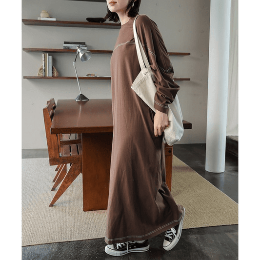 跳色縫線設oversize長袖洋裝_棕色