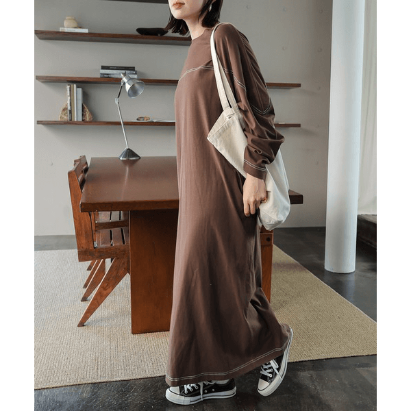 跳色縫線設oversize長袖洋裝_棕色