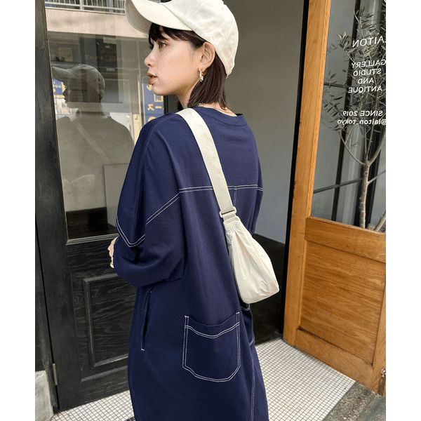 跳色縫線設oversize長袖洋裝_海軍藍
