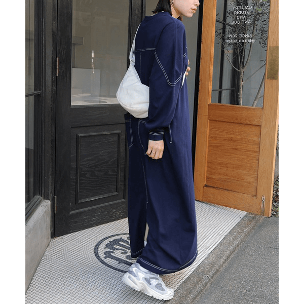 跳色縫線設oversize長袖洋裝_海軍藍