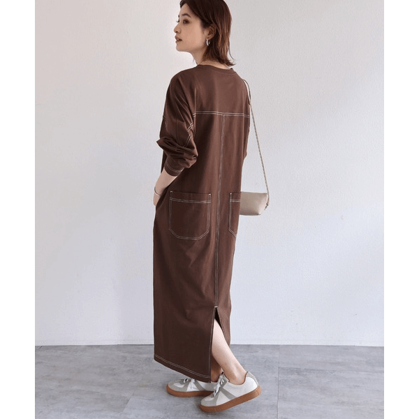 跳色縫線設oversize長袖洋裝_棕色