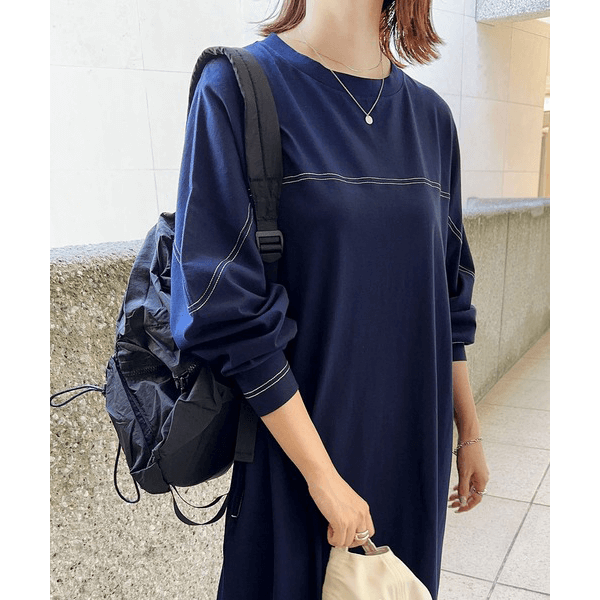 跳色縫線設oversize長袖洋裝_海軍藍