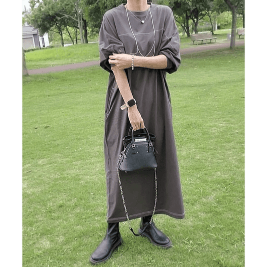 跳色縫線設oversize長袖洋裝_岩灰