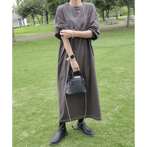 跳色縫線設oversize長袖洋裝_岩灰