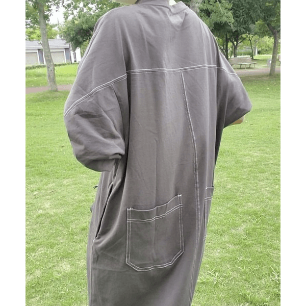 跳色縫線設oversize長袖洋裝_岩灰