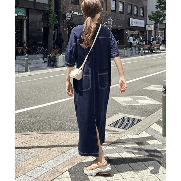 跳色縫線設計寬鬆半袖連身裙_深藍