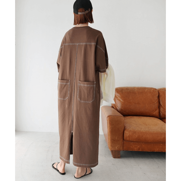 跳色縫線設計寬鬆半袖連身裙_棕色