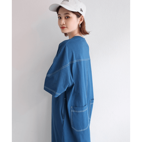 跳色縫線設計寬鬆半袖連身裙_藍色