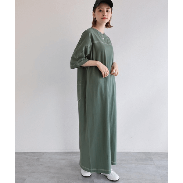 跳色縫線設計寬鬆半袖連身裙_綠色