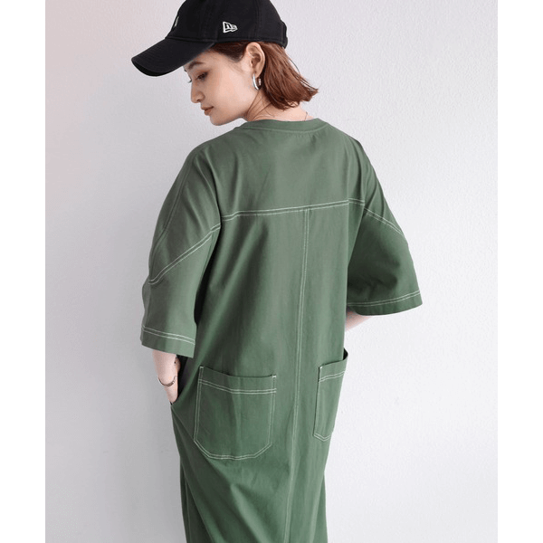 跳色縫線設計寬鬆半袖連身裙_綠色