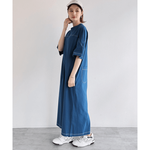 跳色縫線設計寬鬆半袖連身裙_藍色