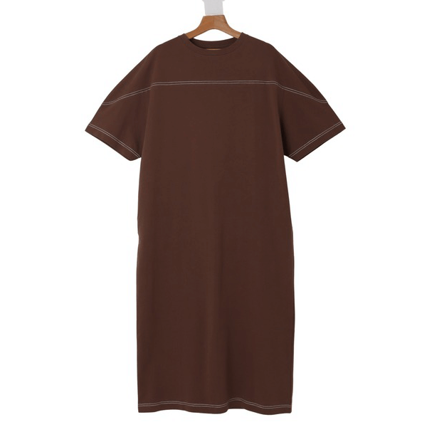 跳色縫線設計寬鬆半袖連身裙_棕色
